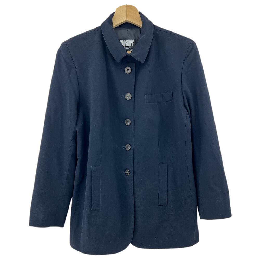 DKNY US 10 Petite Womens Navy Blue Wool Blend Fitted Blazer Jacket 5 Button